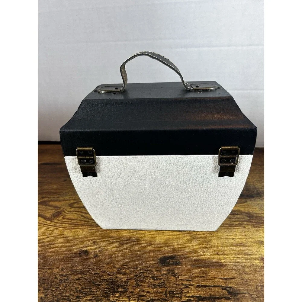 Black White Faux Leather Storage Box Decorative Trunk Case W/ Handle 8X6X7 Vtg